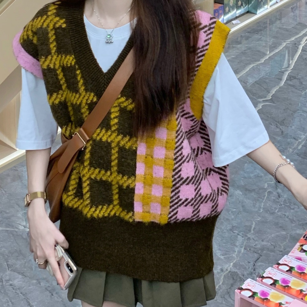 Áo sweater dệt kim 171232 không tay dáng rộng phối màu kẻ sọc caro phong cách nữ sinh | BigBuy360 - bigbuy360.vn