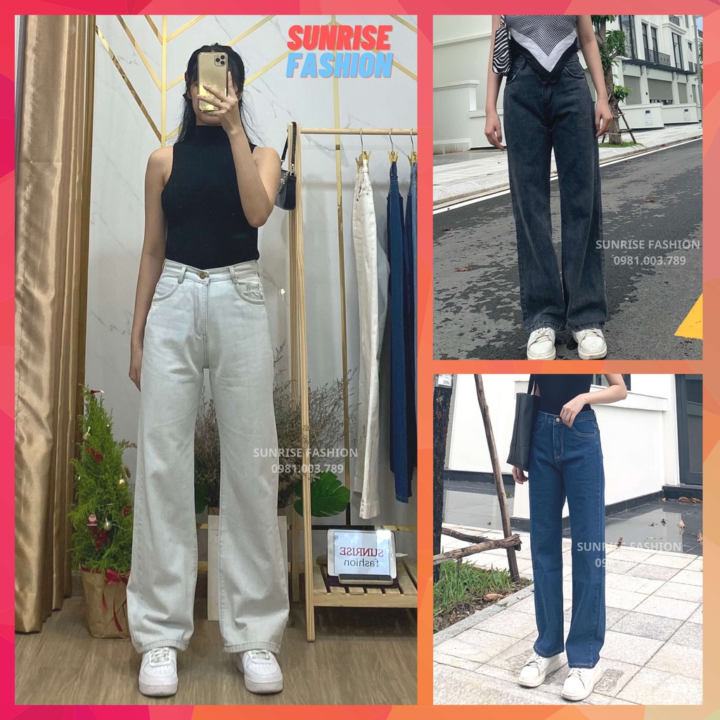 Quần jean nữ ống rộng lưng cao, quần bò nữ ống đứng cạp cao Sunrise Fashion S818