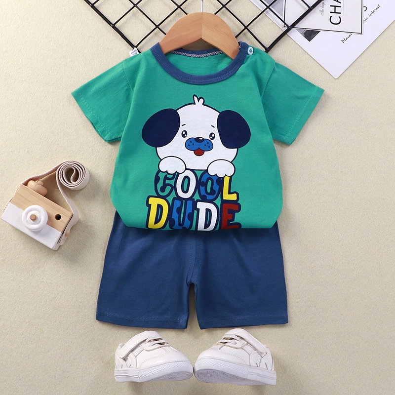 Bộ Áo Thun Tay Ngắn 100% Cotton In Họa Tiết Động Vật Hoạt Hình + Quần Dài Thời Trang Mùa Hè Cho Bé Trai 1-7 Tuổi