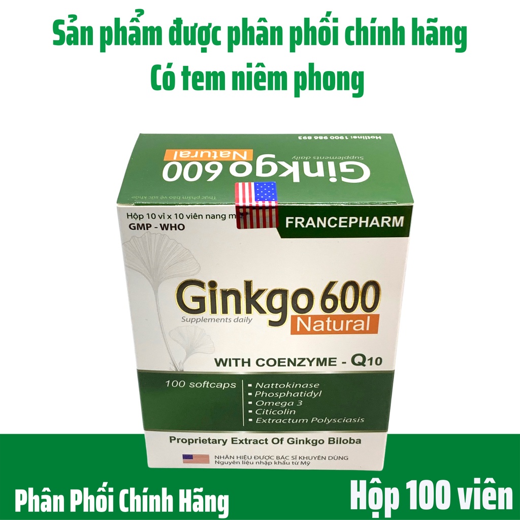 Viên uống bổ não gingko 600, giảm đau đầu, hoa mắt, chóng mặt,rối loạn tiền đình, Hộp 100 viên