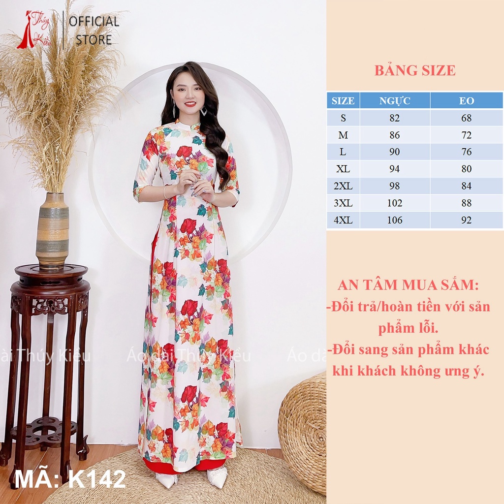 Áo dài nữ may sẵn thiết kế đẹp cách tân tết nền trắng lá nho K142 Thúy Kiều mềm mại, co giãn, áo dài giá rẻ