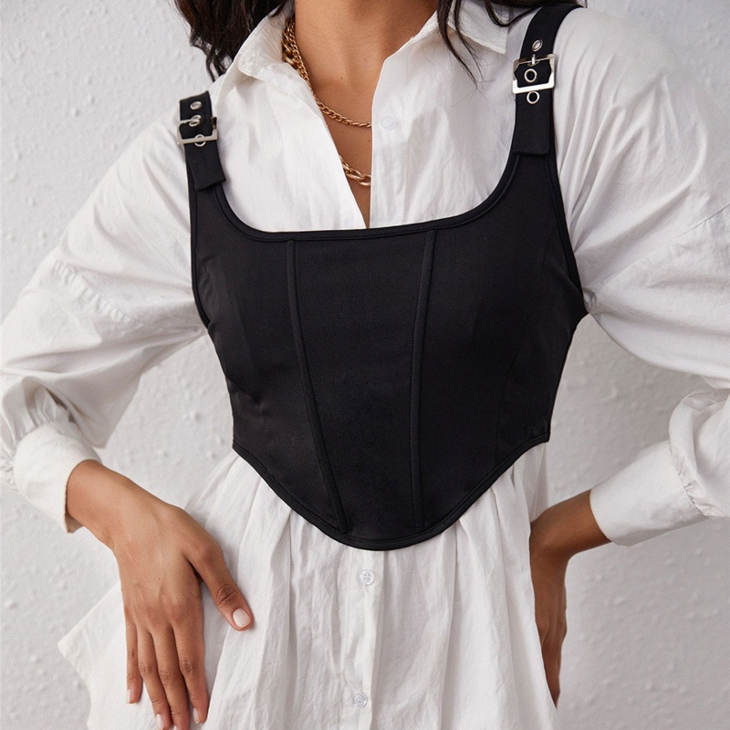 Xiangbao Áo Tank Top Hai Dây Cổ Chữ U Màu Đen Quyến Rũ Đường Phố Wea