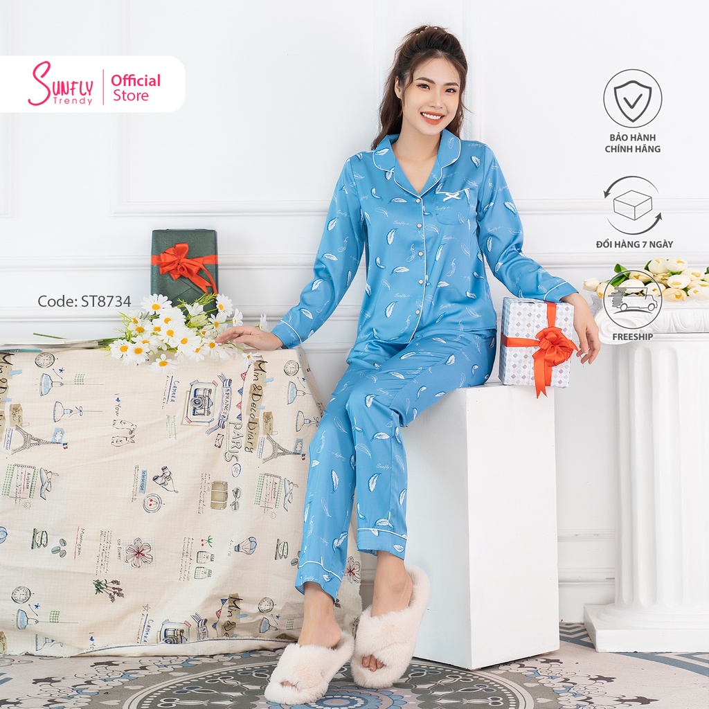 Bộ đồ mặc nhà nữ pijamas lụa SUNFLY áo dài quần dài ST8734