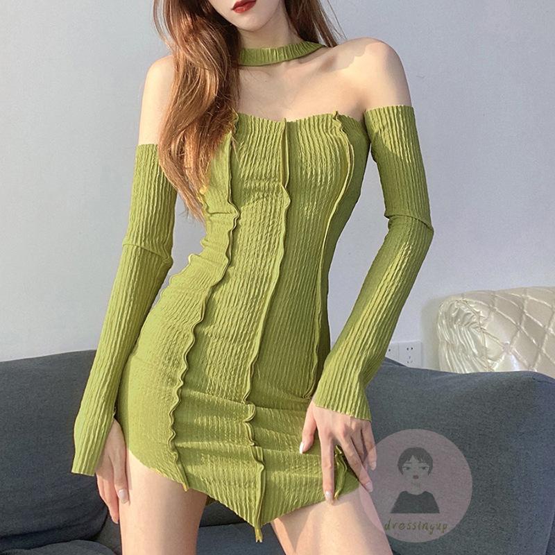 DRE-Women Summer Dress, Long Sleeve Off Shoulder Neck Hanger Solid Color Ribbed Dress
