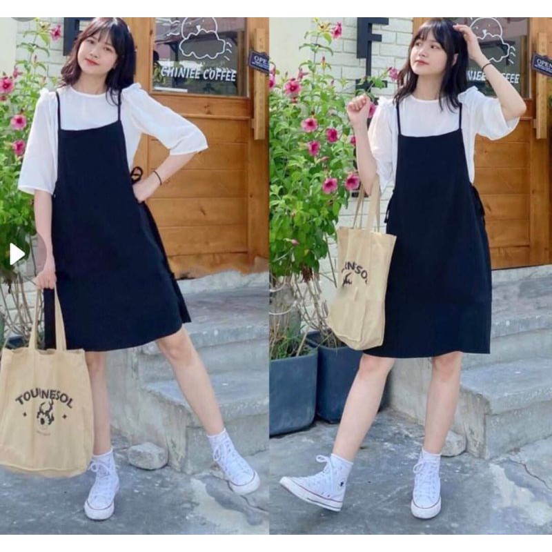 Set áo sơ mi tay lỡ & váy yếm