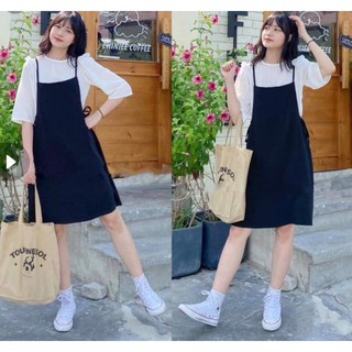 Set áo sơ mi tay lỡ & váy yếm