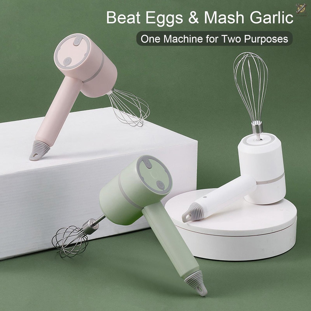 Two in One Multifunctional Mixer for Mashing Garlic and Beating Eggs Electric Cordless Portable USB 3-speed Adjustable Mixer with Double Stick Egg Beater 250ml Garlic Masher