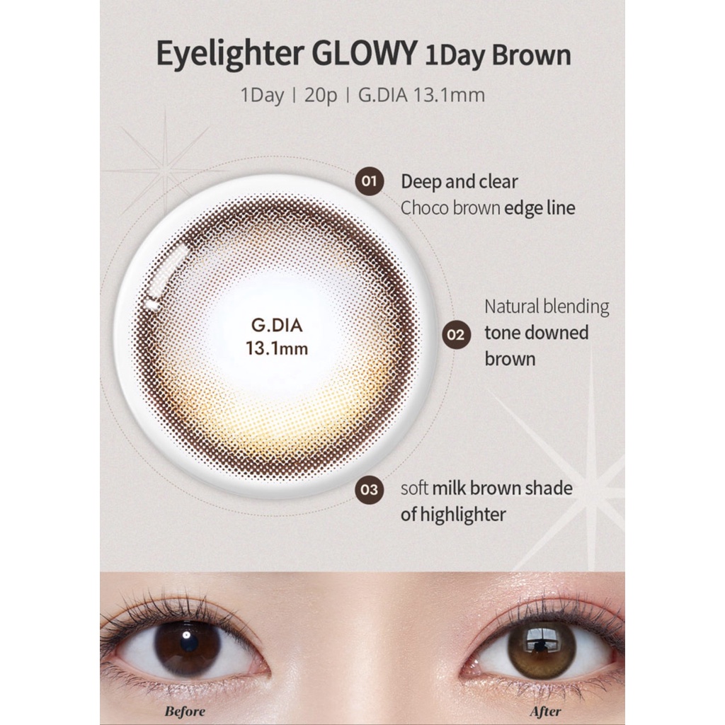 Lens 1 ngày Olens GLOWY BROWN áp tròng 14,2mm, nâu tự nhiên long lanh Hàn Quốc, siêu êm đeo 24h