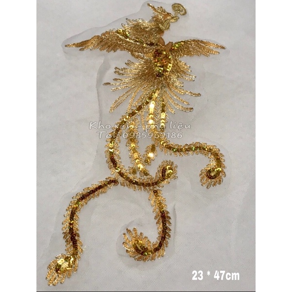 Vải ren thêu phượng hoàng kim sa lấp lánh đính áo dài