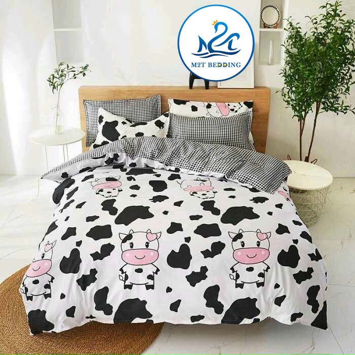 Bộ chăn ga gối Cotton poly M2T bedding Bò sữa đen, vỏ chăn mền, drap nệm và 2 vỏ gối