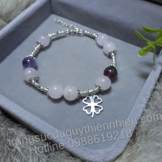 Chuỗi tay đá Thạch anh tóc tím, nâu đỏ và Thạch anh hồng thiên nhiên + Charm bạc cao cấp