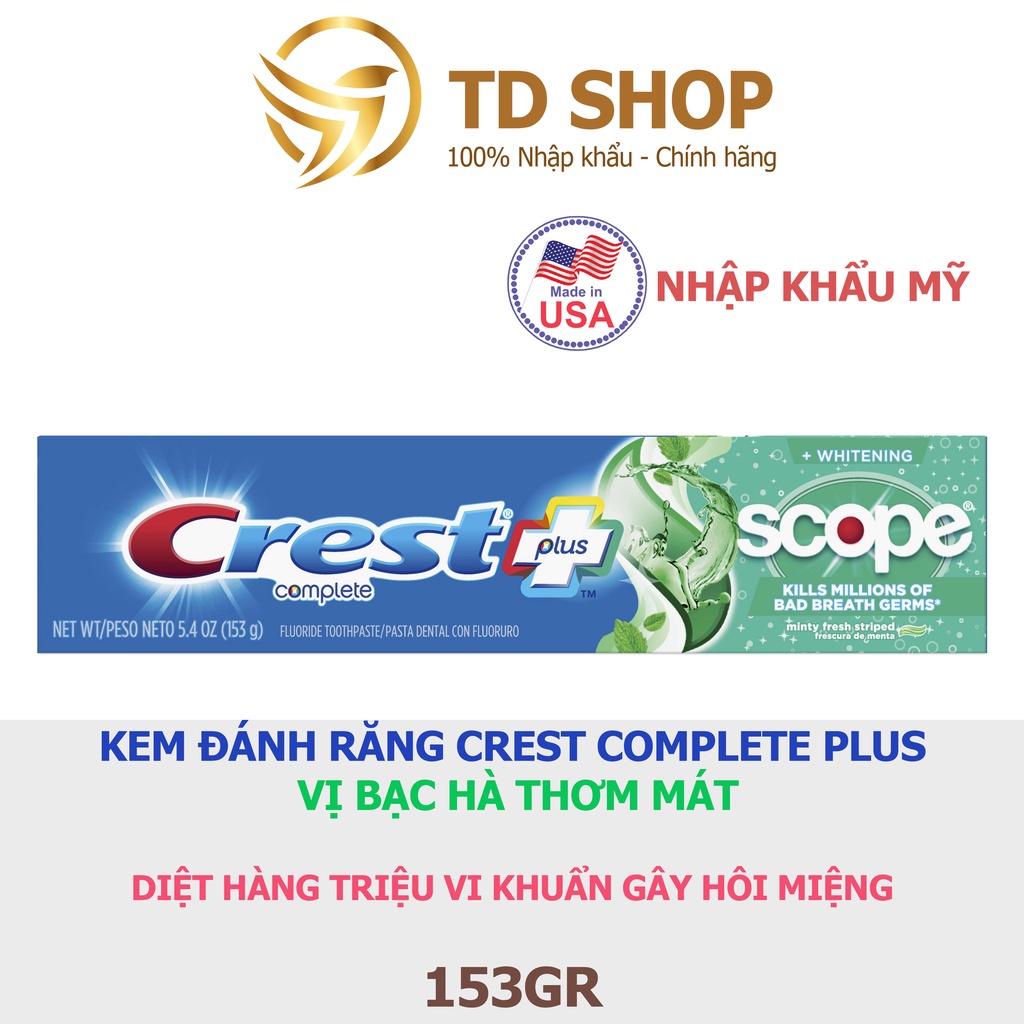 [NK Mỹ] Kem đánh răng Crest complete Extra Whitening Scope Advanced Freshness 232g - TD Shop