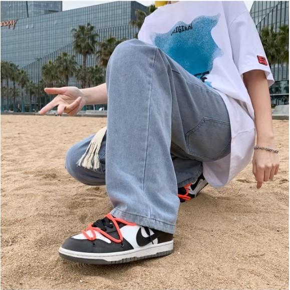 Quần jean ống suông nam nữ rộng lưng chun màu xanh pon.mens hà nội