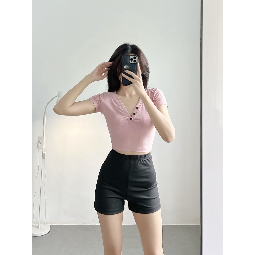 Áo croptop HHVINTAGE kiểu cổ tim, nút cài