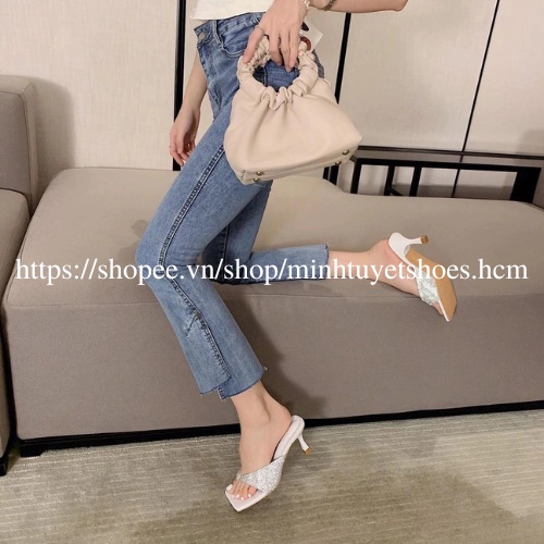 Giày Gót nhọn cao 7cm Minhtuyetshoes quai ngang  guốc nữ kiểu kẹp ngón đính đá xoàn đi tiệc