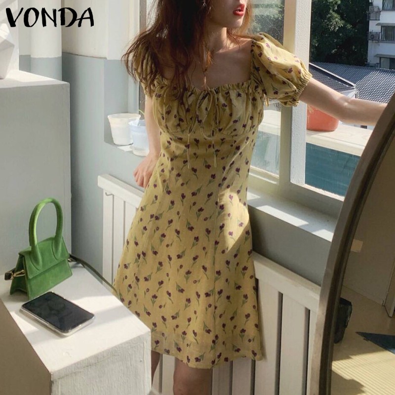 Đầm VONDA Tay Ngắn Cổ Vuông Họa Tiết Hoa Thời Trang Mùa Hè Dành Cho Nữ