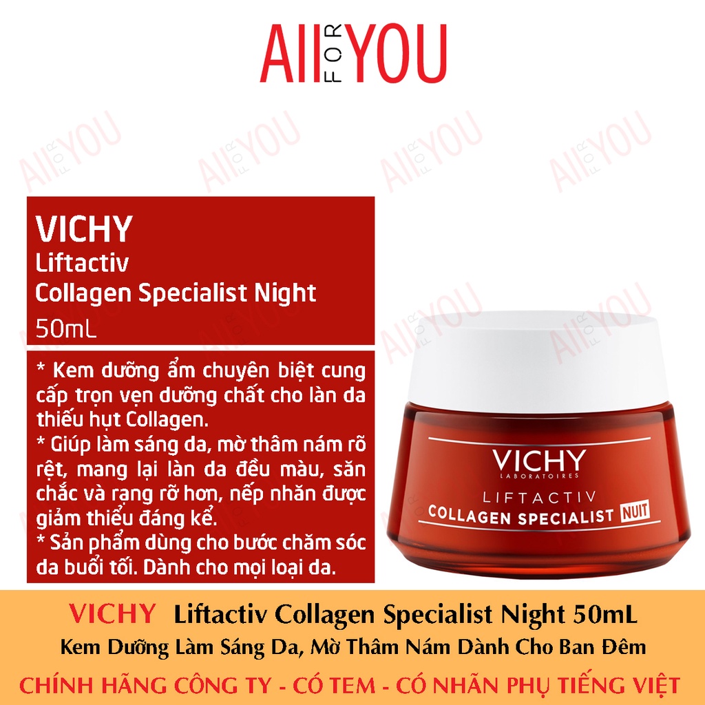 VICHY Liftactiv Collagen Specialist Night 50mL - Kem Dưỡng Làm Sáng & Mờ Thâm Nám Da Ban Đêm.