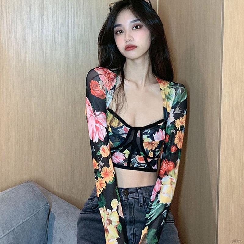 Áo croptop vải lưới tay dài họa tiết hoa gợi cảm cho nữ