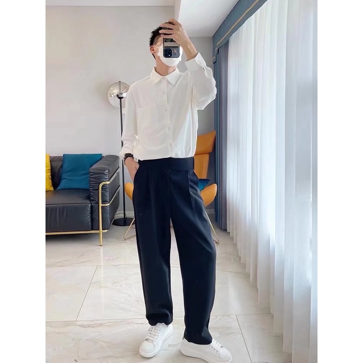 Áo Sơ Mi Tay Dài Dáng Rộng Phối Túi Thiết Kế Thoáng Khí Thời Trang Nhật Bản Cho Nam