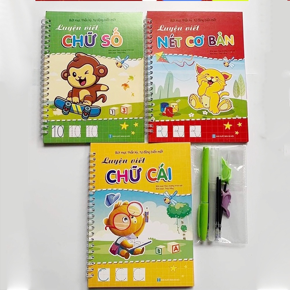 Bộ 3 Vở tập viết nét Lõm TỰ XÓA kèm bút tự bay màu cho bé luyện dễ dàng (2bút + 6ngòi + 2 định vị cầm bút)