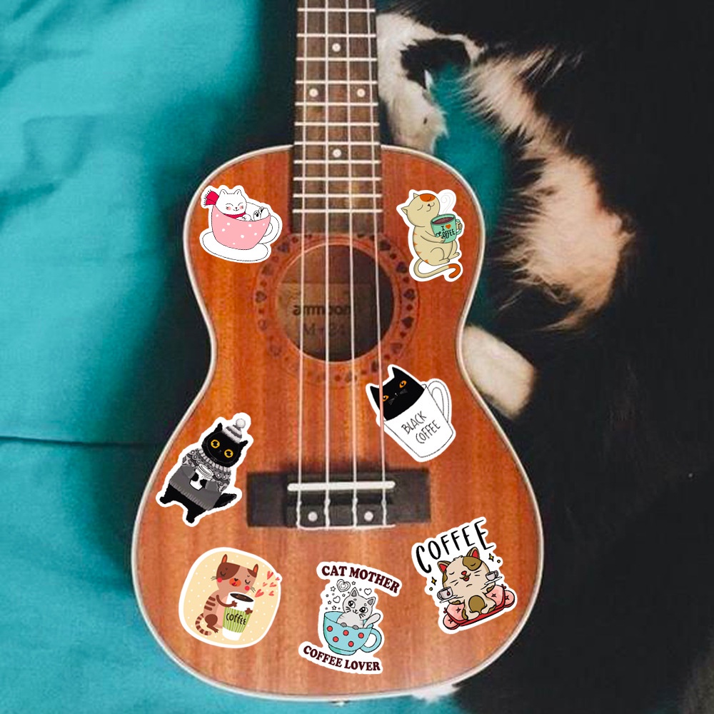 Bộ 50 Miếng Dán Chống Thấm Nước Hình Mèo Và Cà Phê Dùng Trang Trí Nón Bảo Hiểm, Điện