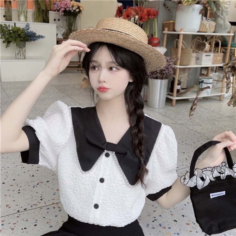 Áo Sơ Mi Đũi Xốp Nhăn Cổ Nơ Viền Ngọc Cực Xinh