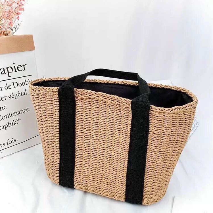 Túi cói TOTE xách tay - dây đeo màu đen - cỡ lớn (bigsize) - phong cách Vintage thanh lịch