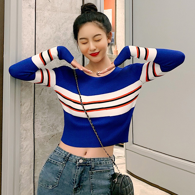 Áo Croptop dệt kim hoạ tiết kẻ sọc phong cách vintage