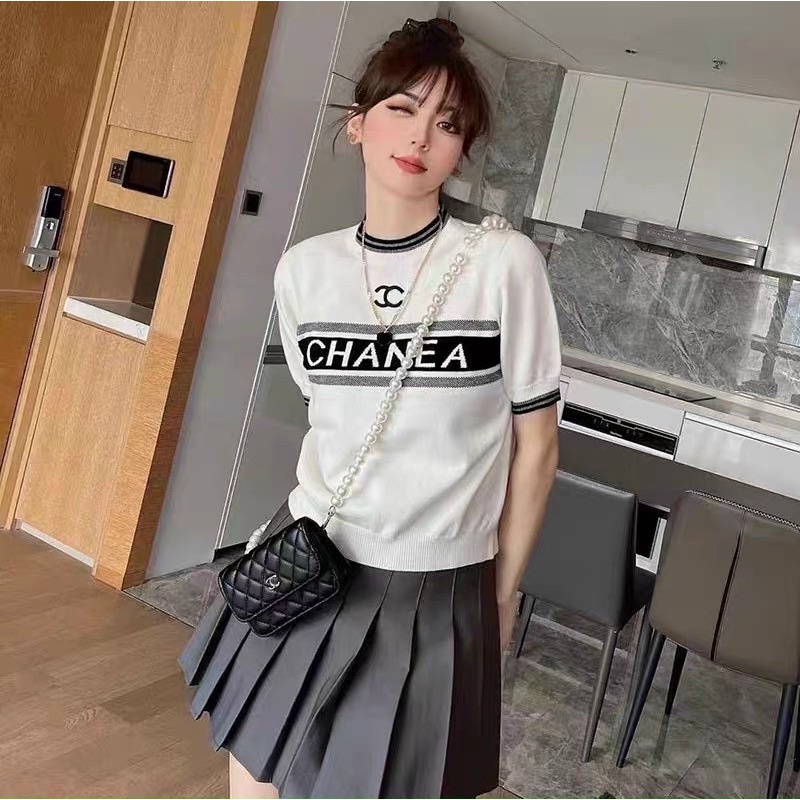 Áo croptop nữ tay ngắn chất len mongtogi màu trắng màu đen hàng Quảng Châu 100%