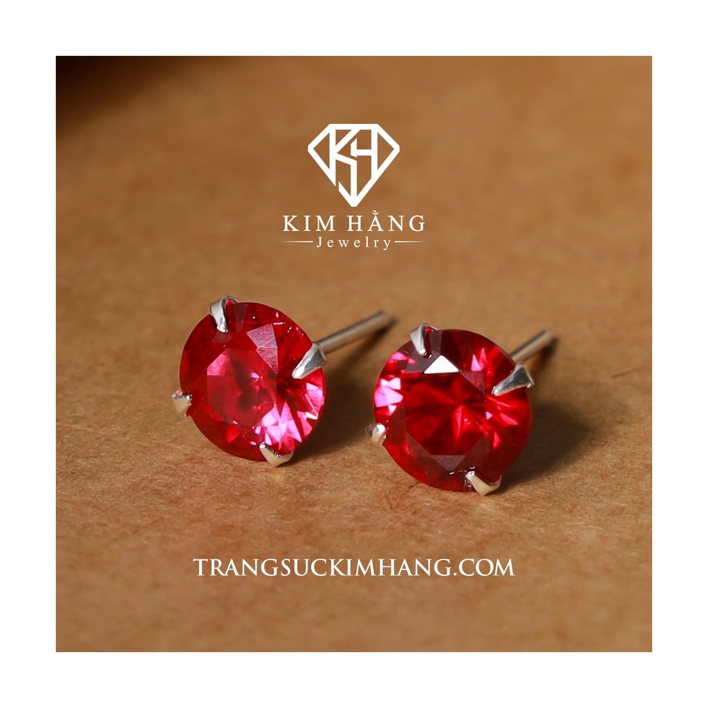 Khuyên Tai Bạc Nụ Tròn Đá Đỏ KHJER077- Chốt Đẩy