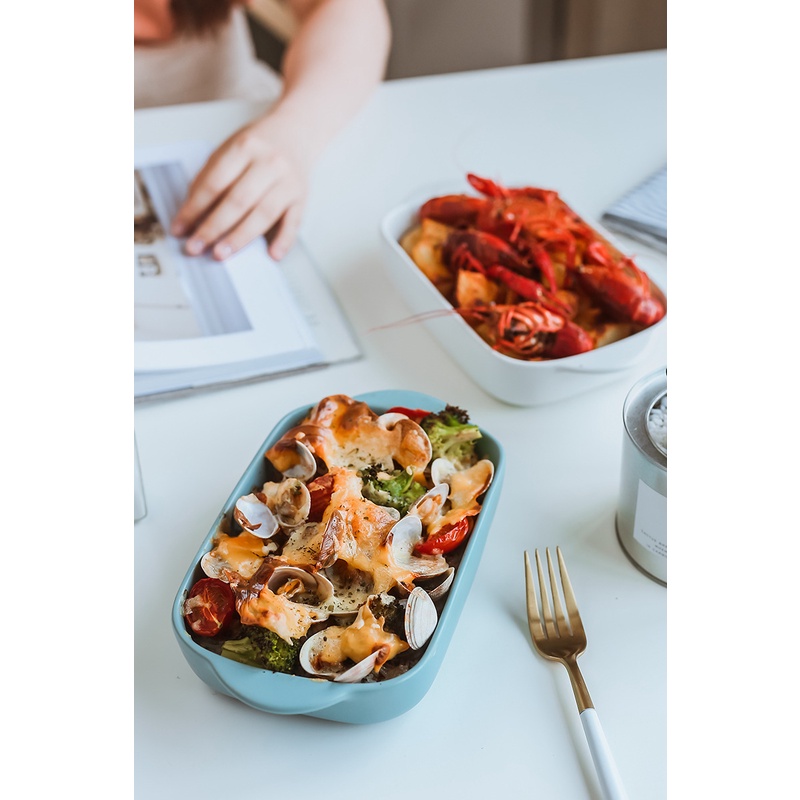 Hàng Sẵn (18*13.5*4cm) Khay chữ nhật sứ, Nướng Bánh,Chịu Nhiệt Đĩa nướng Kết cấu mờ đơn giản Chảo sứ hình chữ nhật cho lò vi sóng【Utah054】