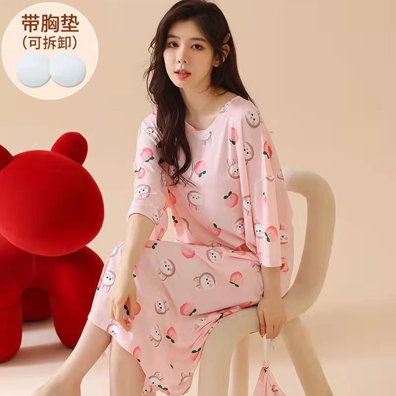 Yuanda [Hàng Có Sẵn] Đầm Ngủ Tay Ngắn Dáng Rộng Có Đệm Ngực In Hình Hoạt Hình Dành Cho Nữ Mặc Ở Nhà Vào Mùa Hè
