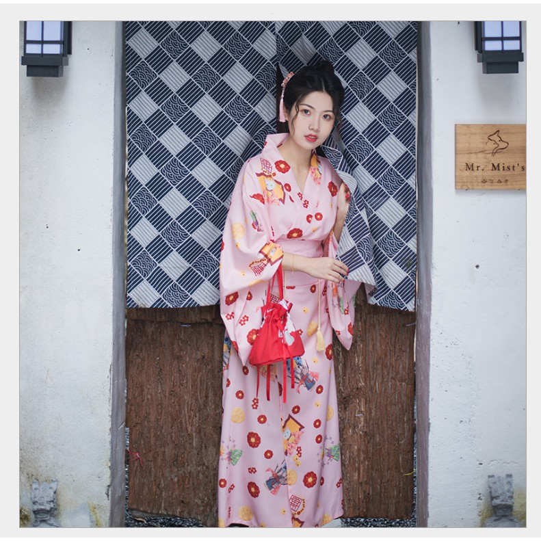 Yukata - Đào Hoa Kỳ Nguyện Miêu - Yukata họa tiết mèo kèm Obi nơ