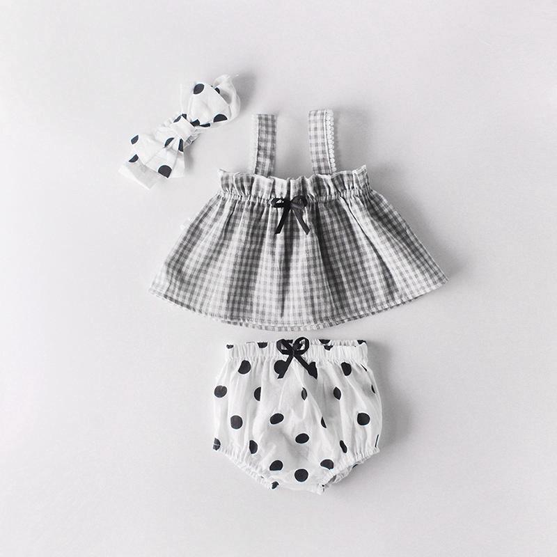 Set áo dây sọc caro + băng đô cài tóc cho bé gái