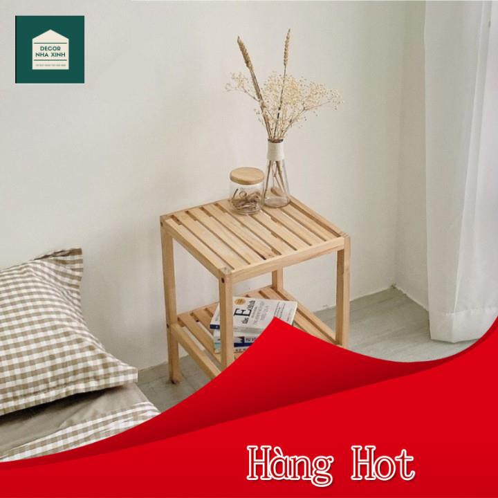 【Hàng Hot】 Kệ gỗ đầu giường 2 tầng gỗ thông tự nhiên chống mọt ẩm cong vênh, tự lắp ráp dễ dàng| Tab đầu giường, Kệ để g