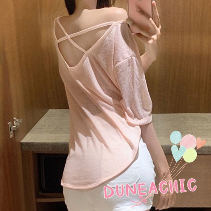 DUNEA Áo Thun Ngắn Tay Dáng Rộng Hở Lưng Gợi Cảm Dành Cho Nữ