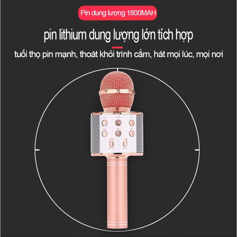 Micro karaoke bluetooth, mic hát blutooth kiêm loa thông minh WS-858 siêu bass - G01 thế giới loa