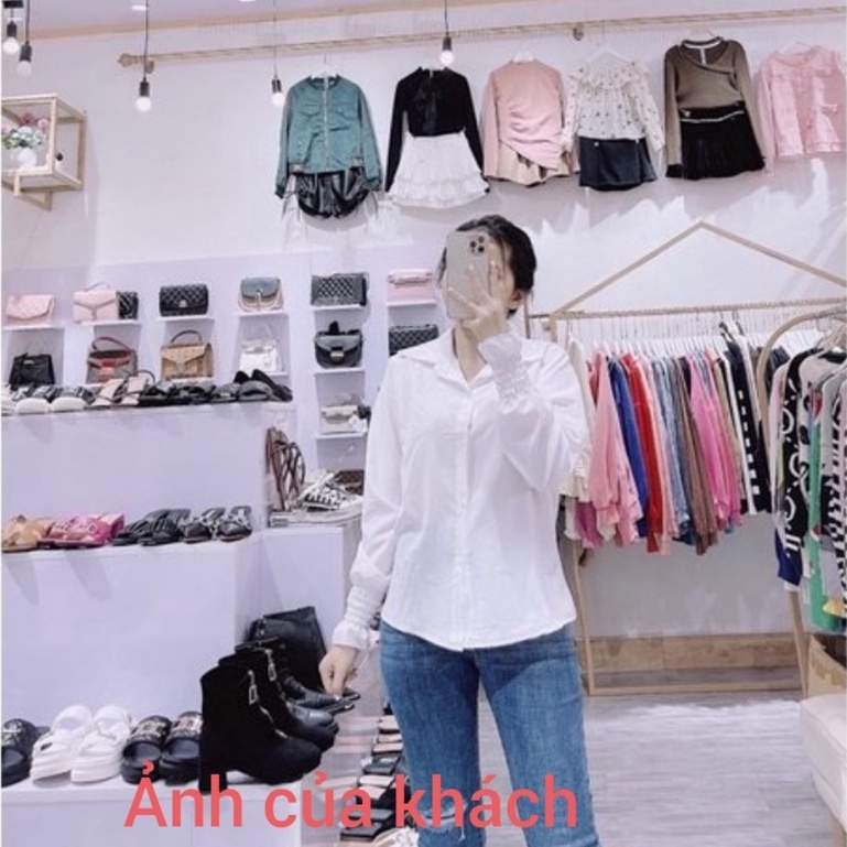 Áo sơ mi nữ form rộng kiểu hàn tay phồng màu trắng vải mềm đẹp - Áo sơ mi trắng nữ đi học sinh cổ v dài tay mặc công sở