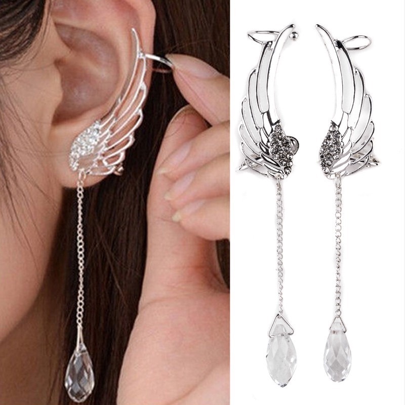 Bông Tai Hình Cánh Thiên Thần Bằng Hợp Kim Phối Tua Rua Thời Trang Sang Trọng Cho Nữ