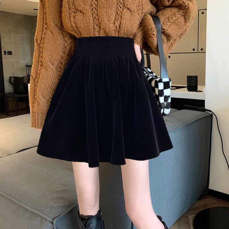 Yoyo ~ Phiên Bản Hàn Quốc Váy Ngắn Phong Cách Preppy Váy Nửa Váy Nhung Váy Nửa Chiều Dài Ôm Hơn Váy Xếp Ly Trượt Tuyết Chữ A