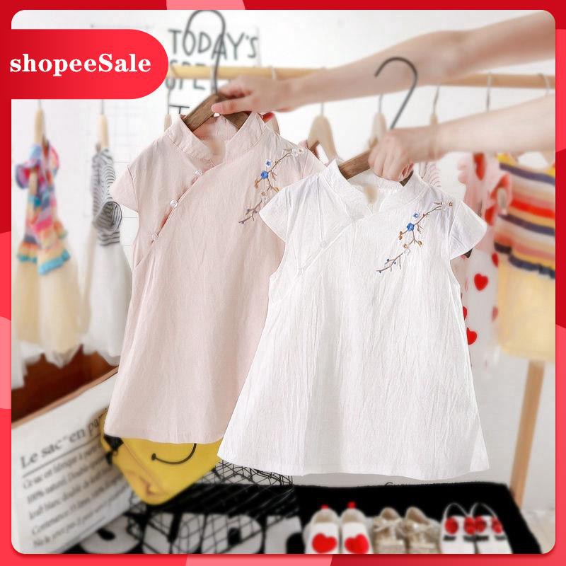 Áo kiểu sườn xám cách tân đính nút dành cho bé gái 0-4 tuổi
