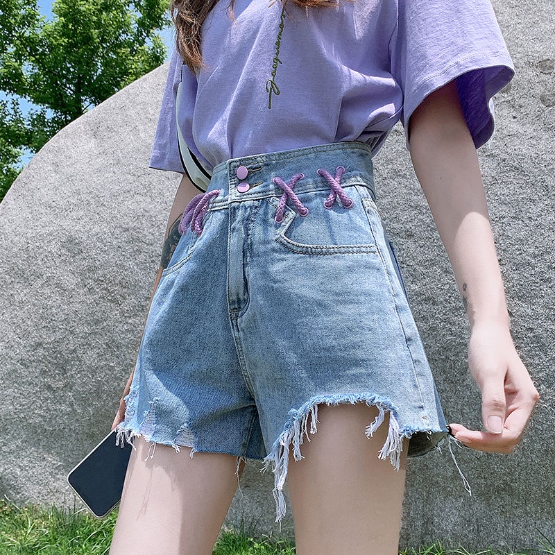 Jiashucheng Quần Short Denim Lưng Cao Dáng Chữ a Phối Vết Rách Thời Trang Mùa Hè Cá Tính Cho Nữ