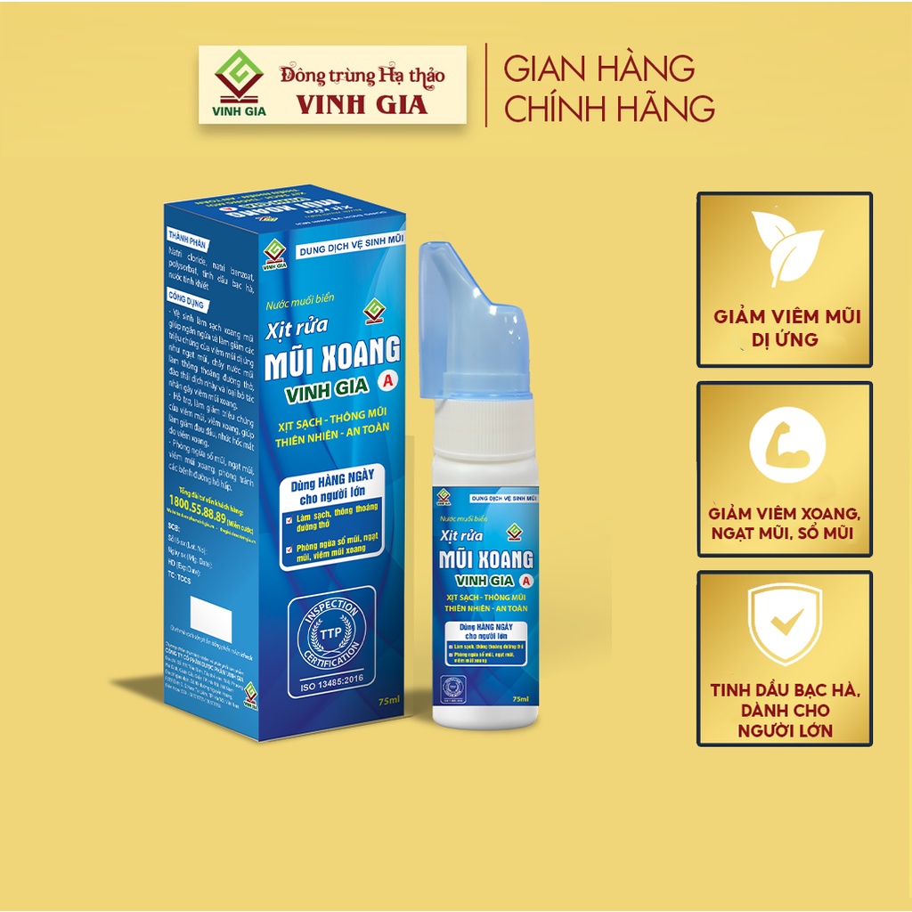 Xịt Rửa Mũi Xoang VINH GIA A Tinh Dầu Bạc Hà Giúp Đường Thở Thông Thoáng, Ngăn Các Tác Nhân Có Hại Lọ 75ml