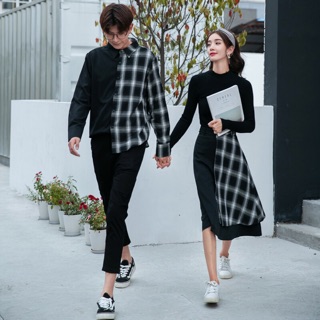 Set áo sơ mi nam-chân váy nữ kẻ caro Set đôi thu đông