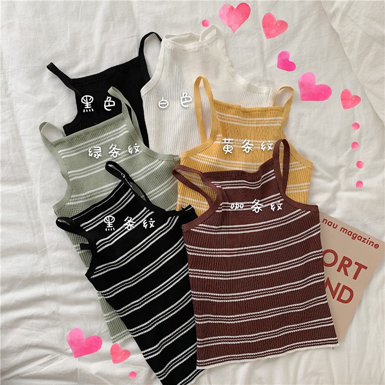 Áo yếm hai dây chất len tăm sọc ngang phong cách cho nữ