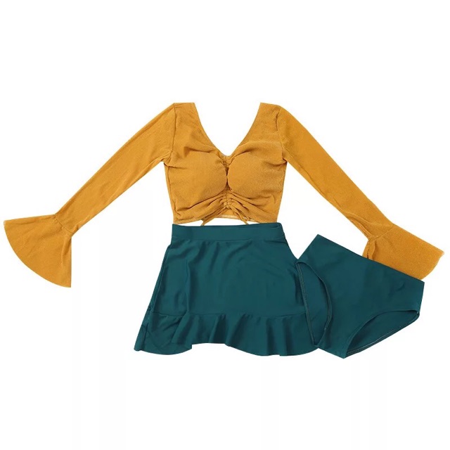 Bộ bikini , bộ đồ bơi nữ áo croptop dài tay kết hợp chân váy nhún trẻ trung, nữ tính