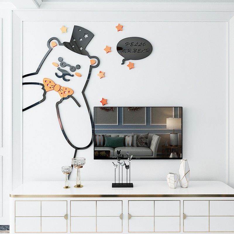 Tranh dán tường mica 3d decor khổ lớn gấu lớn lịch lãm Dán Cửa trang trí mầm non, phòng cho bé Nhiều Size - EPeBen