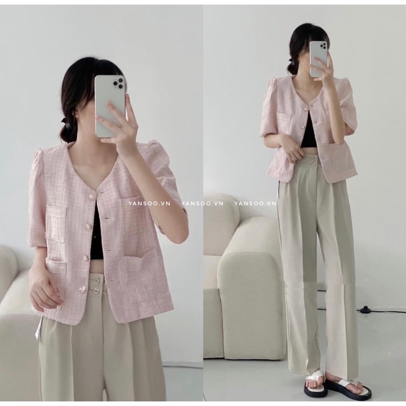 Áo khoác dạ Tweed tay bồng cúc ngọc sang trọng , áo dạ dáng ngắn tay cộc mùa xuân thu đông hàn quốc yansoo.vn AK15