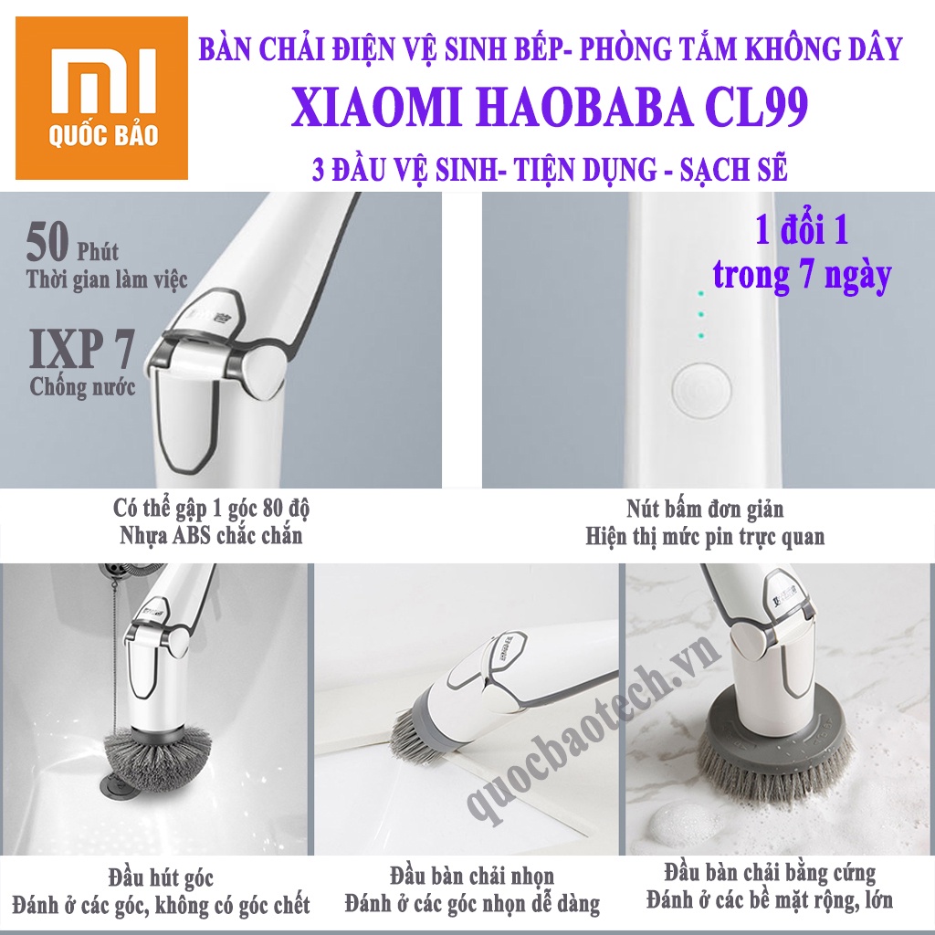 Dụng cụ vệ sinh nhà vệ sinh, nhà bếp không dây Xiaomi Haobaba CL99- Kèm 3 đầu bàn chải.