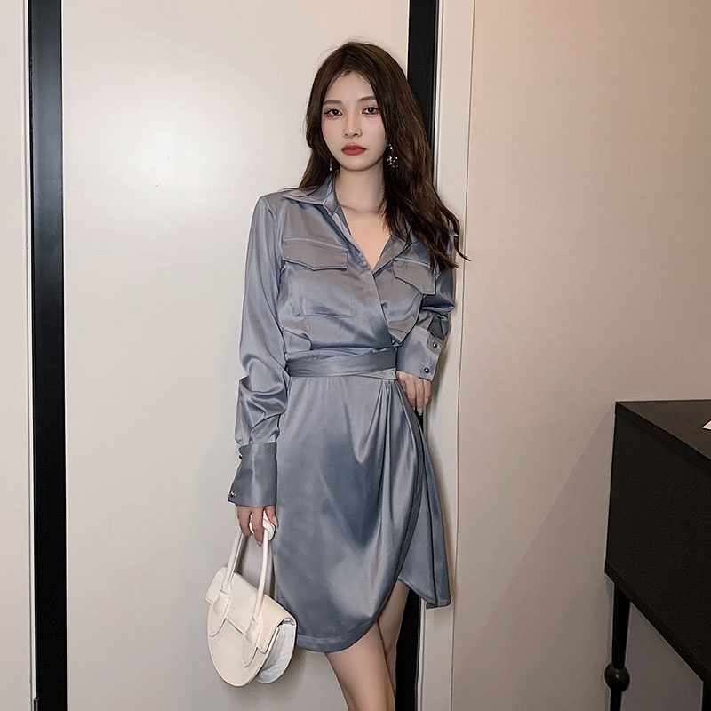 Đầm Sơ Mi Chất Liệu Satin Cao Cấp Thiết Kế Thắt Eo Thời Trang Mùa Thu Mới Cho Nữ